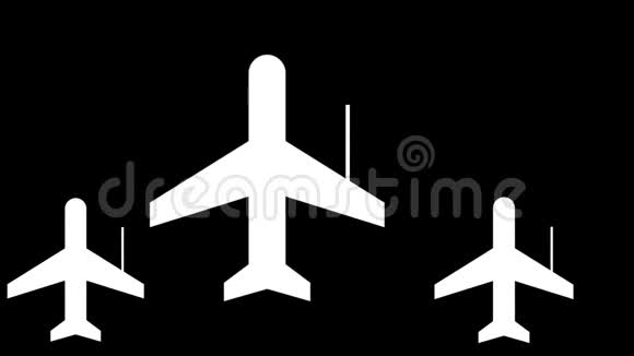 黑色背景上白色条纹同步飞行的飞机形状物体的抽象动画视频的预览图