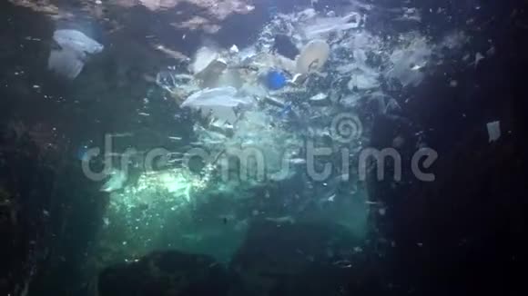 塑料垃圾等杂物漂浮在水下海洋污染水中的塑料碎片杀死野生动物视频的预览图