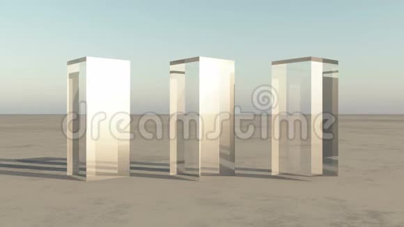 4K三个玻璃长方形在旷野旋转科幻世界视频的预览图