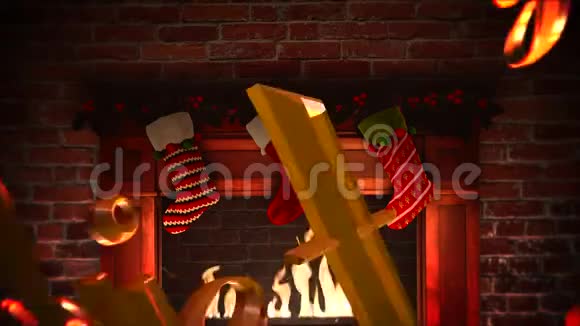 动画特写壁炉圣诞袜的礼物和砖块背景的圣诞快乐文字视频的预览图
