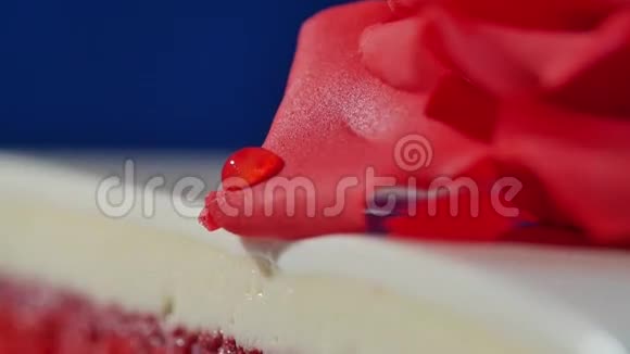 蛋糕一层白色和棕色巧克力蛋糕上面有红色玫瑰宏观切片巧克力蛋糕配以可食用视频的预览图