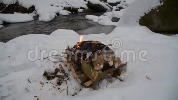 在森林里的雪地上开火视频的预览图