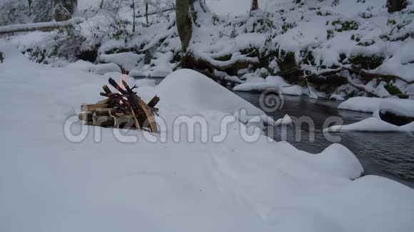 在森林里的雪地上开火视频的预览图