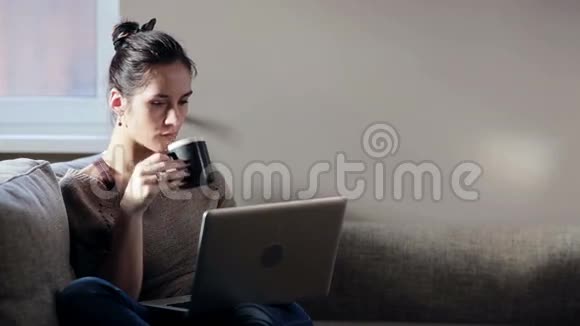 坐在沙发上用笔记本电脑工作的女人视频的预览图