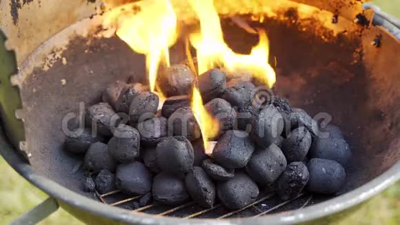 夏日花园金属烤架上的发光煤视频的预览图