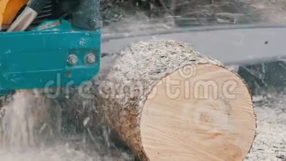 电锯在地上锯干木头视频的预览图