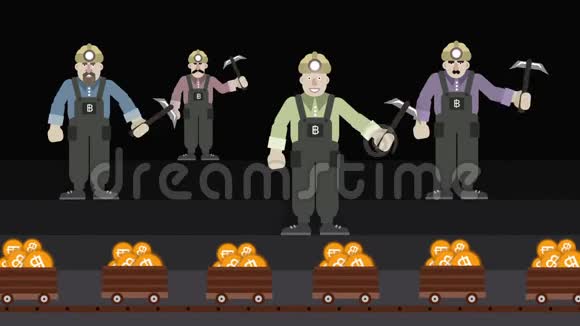 比特币开采四名矿工和装有比特币的矿车2D动画视频的预览图