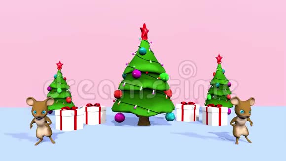 美丽的圣诞树和一只可爱的小老鼠3D绘制视频的预览图