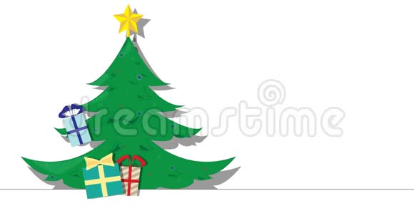 圣诞节和新年节日树和圣诞礼物与手写标志的新年快乐卡通动画视频的预览图