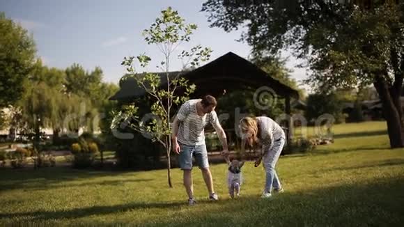 一个年轻的家庭和一个小女孩在草地上的公园里散步视频的预览图