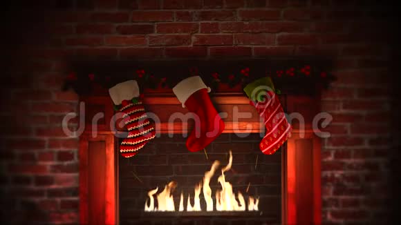 动画特写壁炉和礼物的圣诞袜子砖背景视频的预览图