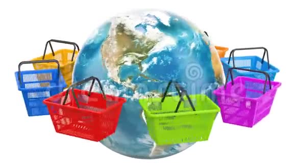购物篮绕地球旋转全球网购概念3D绘制视频的预览图