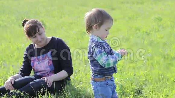 小男孩在大自然中和他的母亲玩耍视频的预览图