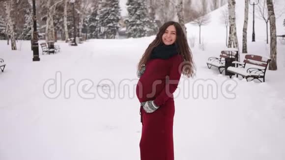 美丽的怀孕少女在冬季公园散步视频的预览图