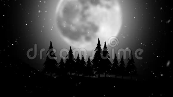 夜晚的森林在月亮的背景上飞舞着雪花圣诞动画视频的预览图