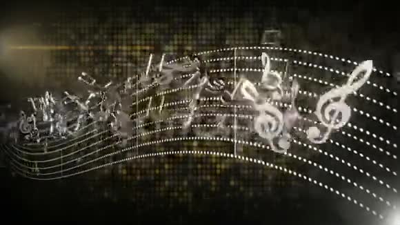 3D无缝音乐音符在黑色孤立背景上流动抽象的线条曲调视频的预览图