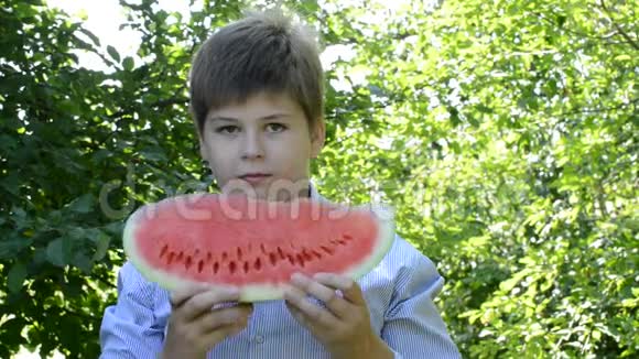 小男孩在大自然中吃西瓜片视频的预览图
