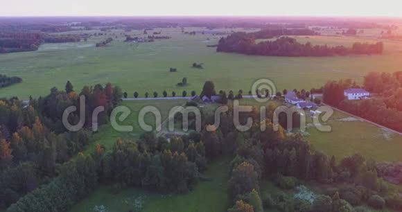 令人惊叹的美丽日落鸟瞰小乡村小镇绿色的田野和高大的树木视频的预览图