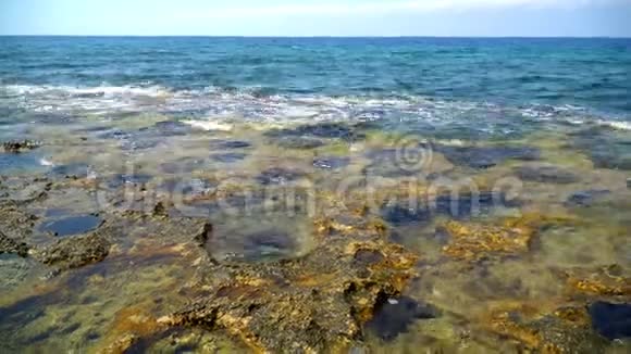 地中海岩石海岸边缘的石质海岸洞穴视频的预览图