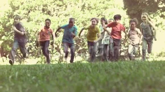 可爱的学生在外面的草地上奔跑视频的预览图