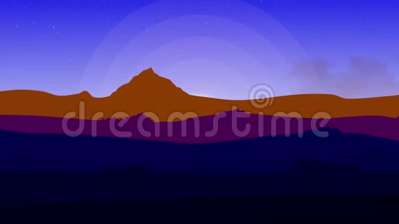 乘坐卡通车靠近山脉在一个五彩缤纷的日落中一条山岭的慌乱镜头动画化的道路视频的预览图