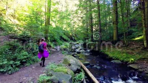 年轻女子在森林里徒步旅行视频的预览图
