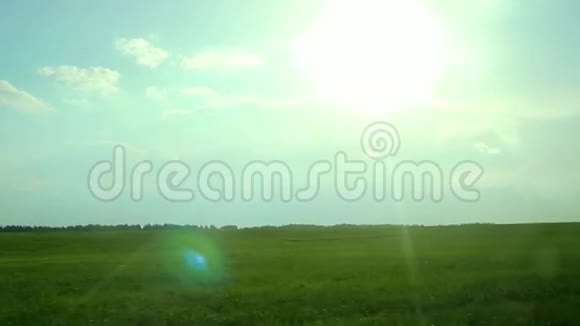绿色的乡村田野在阳光的照耀下在缓慢的运动中视频的预览图