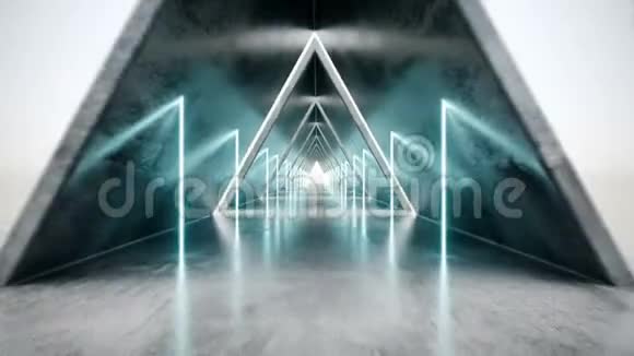 现代科幻宇宙飞船混凝土长走廊有白色的条形洞和发光的霓虹灯管视频的预览图