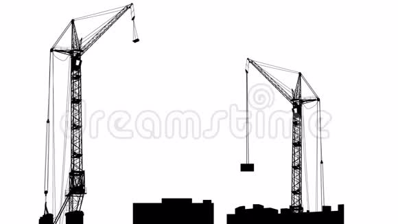 两台起重机在大楼上工作的剪影白色屏幕背景4k动画视频的预览图