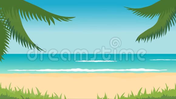 热带景观动画海滩海洋波浪棕榈视频的预览图