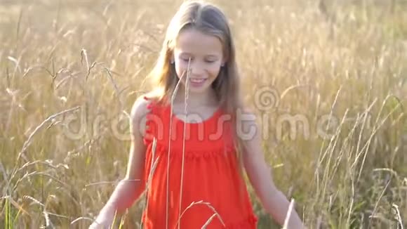 漂亮的金发小女孩开心快乐的笑脸红裙子视频的预览图