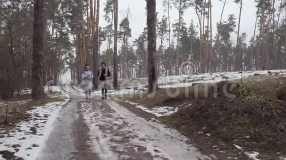一对年轻的朋友早上在森林里跑步视频的预览图