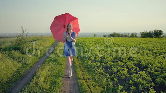 一个美丽的女孩带着红伞在夕阳下微笑的情感绿色草地上微笑的女孩跳舞的肖像视频的预览图