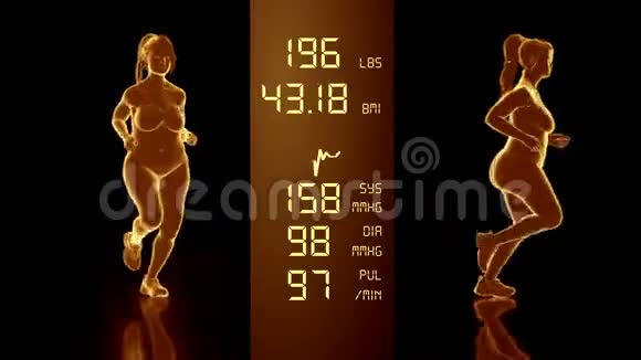 一个胖女人减肥和体重指数计算机X射线屏幕设计三维动画模拟视频的预览图