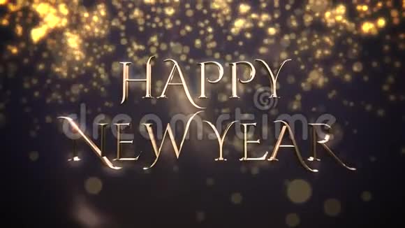 动画特写新年快乐文字蓝色背景上的金色粒子视频的预览图