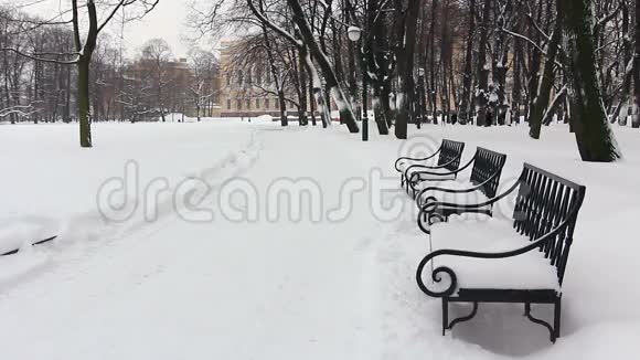 在圣彼得堡一个冬季公园的小巷里的座位视频的预览图
