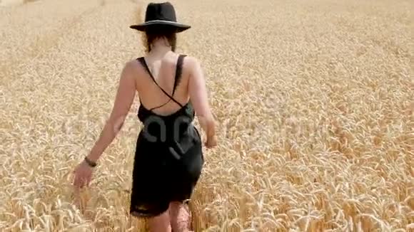 穿着黑色连衣裙和帽子的女人在田野上视频的预览图