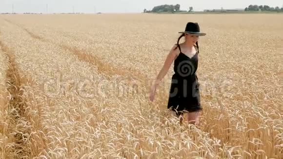 穿着黑色连衣裙和帽子的女人在田野上视频的预览图