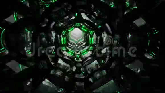 未来的数字抽象运动背景飞行通过一个抽象的无尽隧道的黑色绿色环装载3D视频的预览图