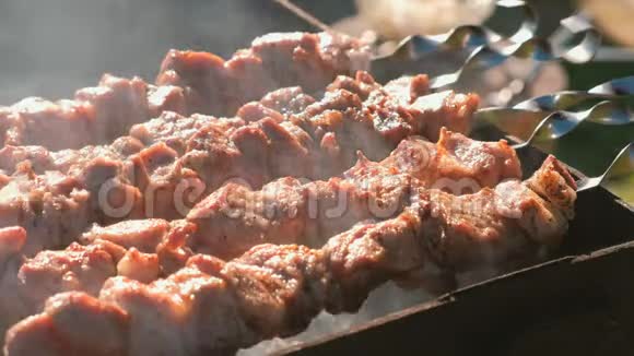 美味多汁的猪肉烤肉是在木炭烤架上的串上烤的特写肉片视频的预览图