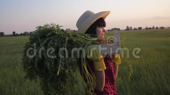 女孩红脖子农夫农业收获生态农业一个概念慢动作视频快乐的女孩在收割散步视频的预览图
