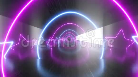 金属紫色和蓝色隧道与霓虹灯形状的恒星紫外线技术未来和时尚概念视频的预览图