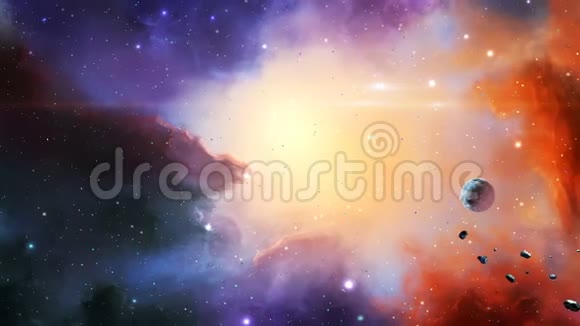 太空场景五颜六色的星云行星和小行星美国宇航局提供的元素3D绘制视频的预览图