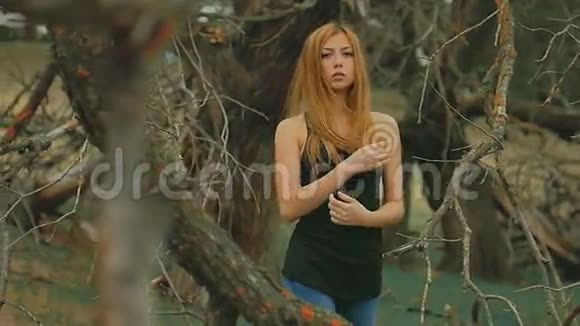 茂密的森林中的女孩古老的干枝户外的慢动作视频的预览图