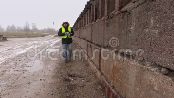 施工工程师在专业摄影摄像上拍照并在混凝土墙附近行走视频的预览图