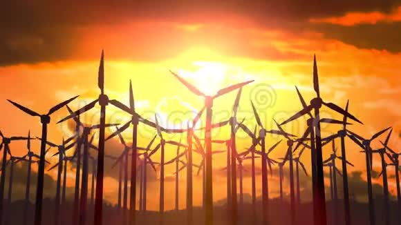 日落时风力涡轮机轮廓的循环动画视频的预览图