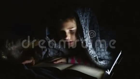 看书小女孩看书晚上用手电筒躺在毯子下面视频的预览图