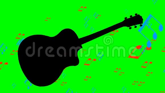 黑色吉他剪影和在乐器背景下飞舞的彩色音符绿色动画视频的预览图