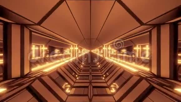酷的未来空间科幻飞机库隧道走廊与神圣发光基督教十字三维插图现场壁纸视频的预览图