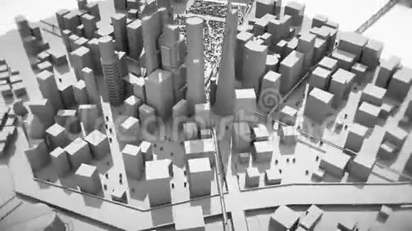 一个相机在黑白城市建筑周围移动的抽象动画循环视频的预览图